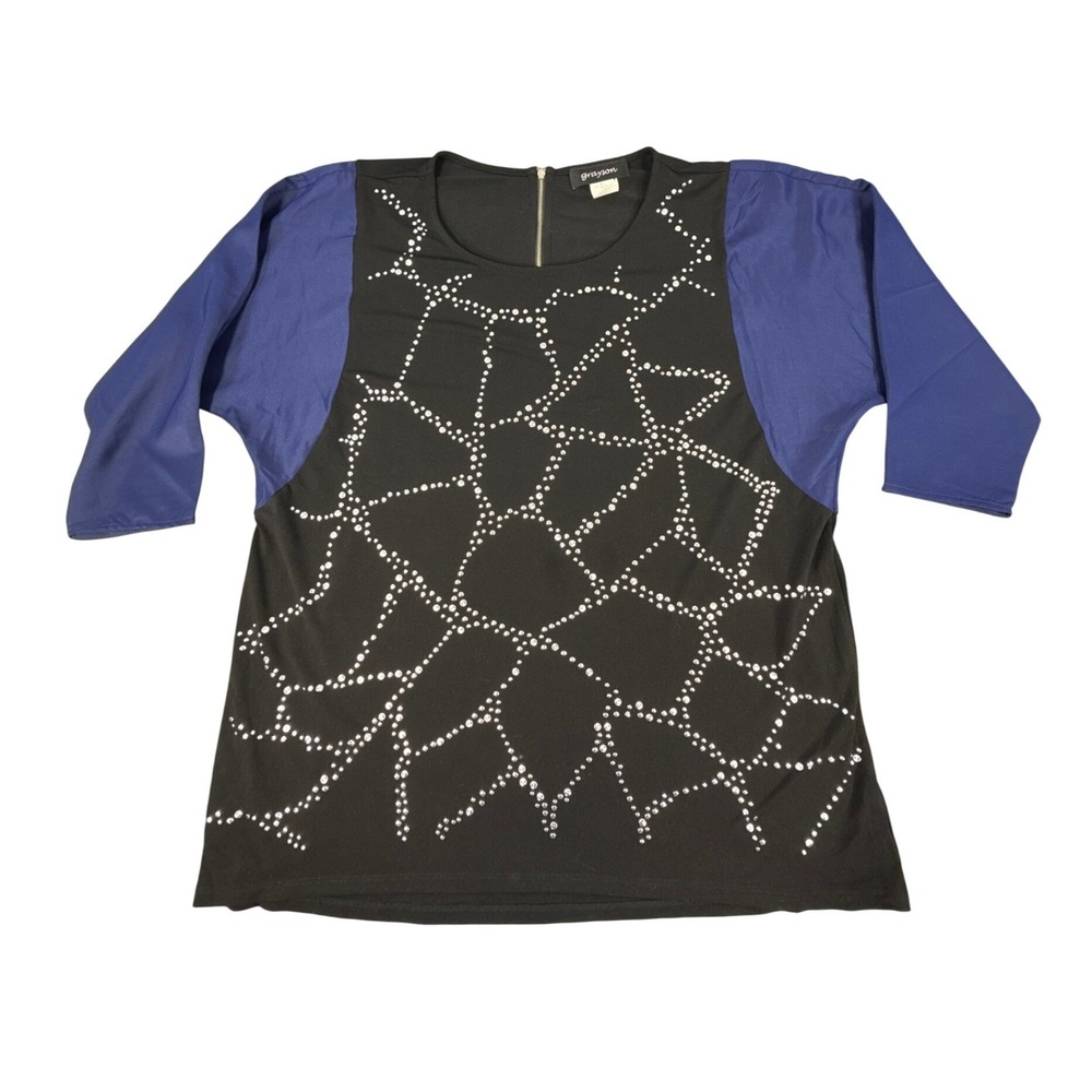 Grayson Womens Black Blue Rhinestone Colorblock 3/4 Sleeve Top Large Zip Back